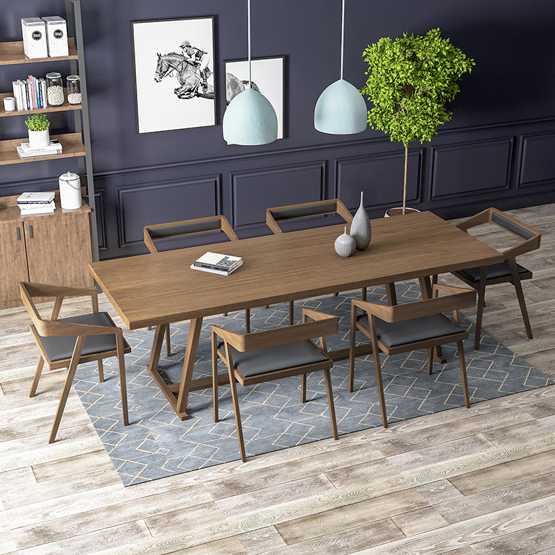 Rectangle Trestle Base Modern Dining Table Wood Color Fixed Table with Solid Wood