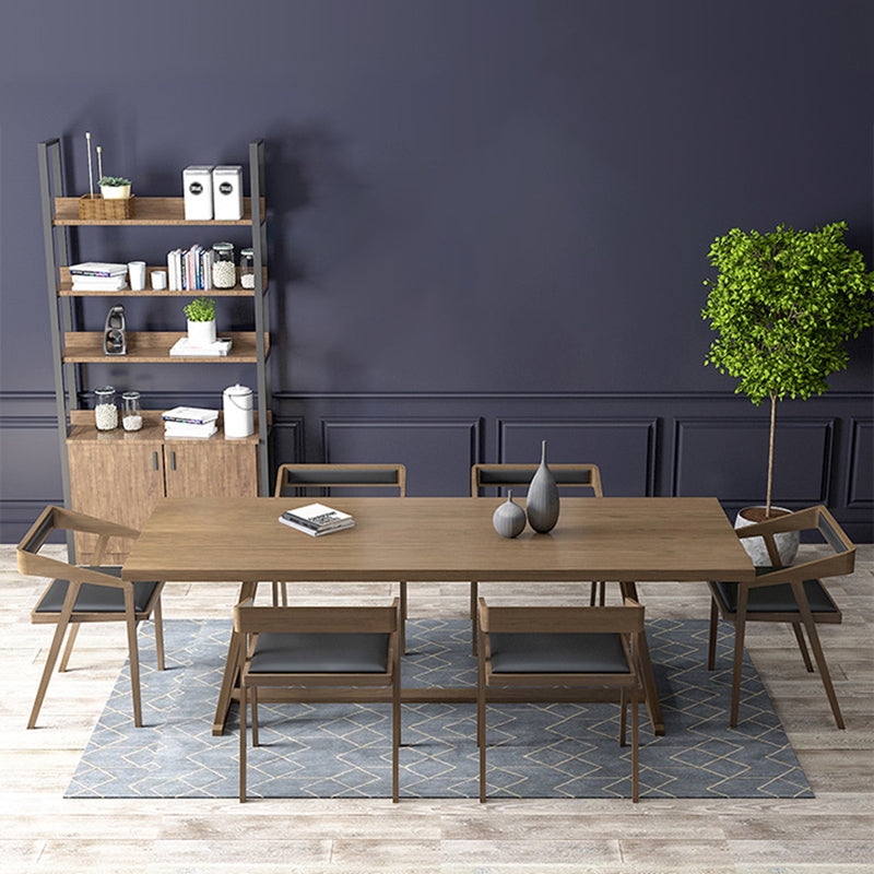 Rectangle Trestle Base Modern Dining Table Wood Color Fixed Table with Solid Wood