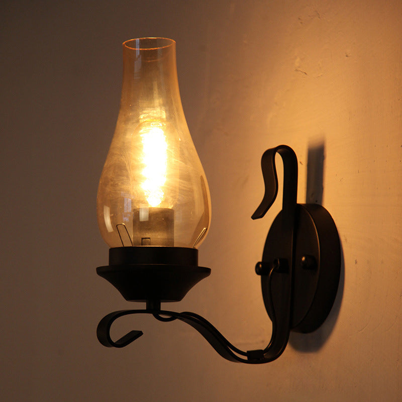Industrial Vintage Wall Lamp Wrought Iron Indoor Wall Light with Clear Glass Shade