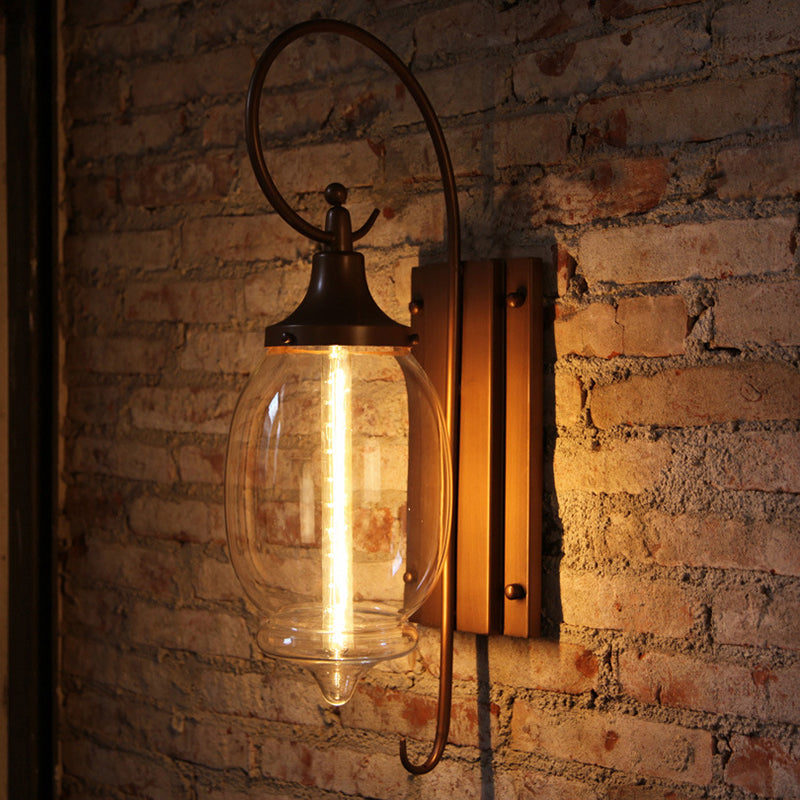 Glass Brown Wall Lamp in Industrial Retro Style Wrought Iron Drum Wall Light for Porch