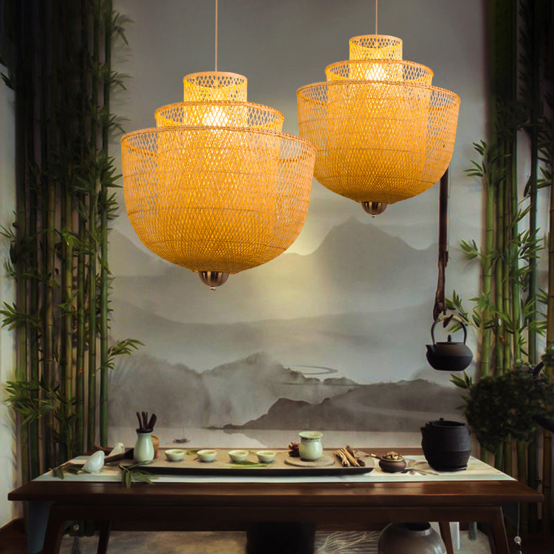 1-Light Rattan Japanese Pendant Light Beige Down Lighting for Dining Room