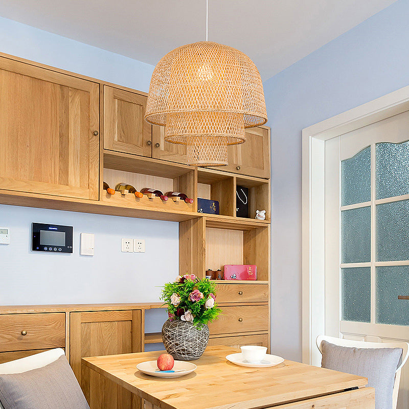 1-Light Rattan Japanese Pendant Light Beige Down Lighting for Dining Room