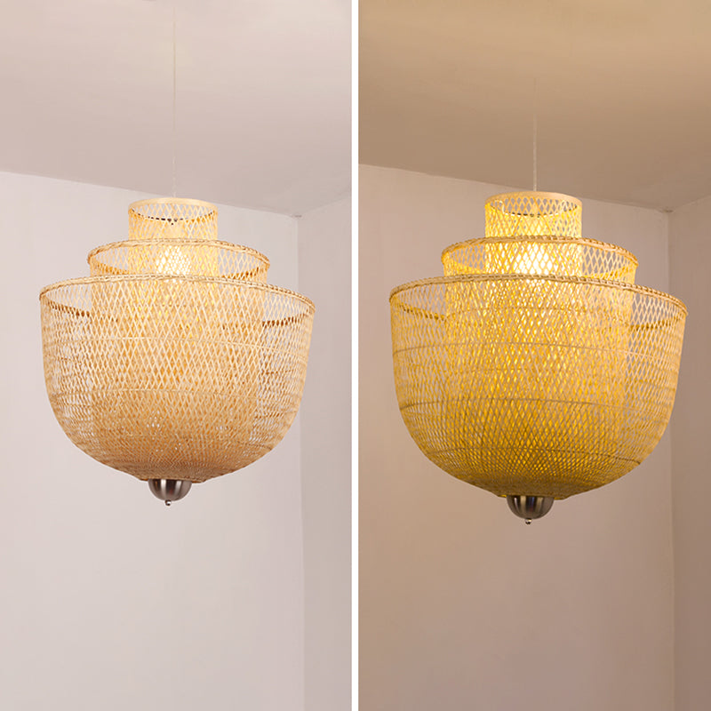 1-Light Rattan Japanese Pendant Light Beige Down Lighting for Dining Room