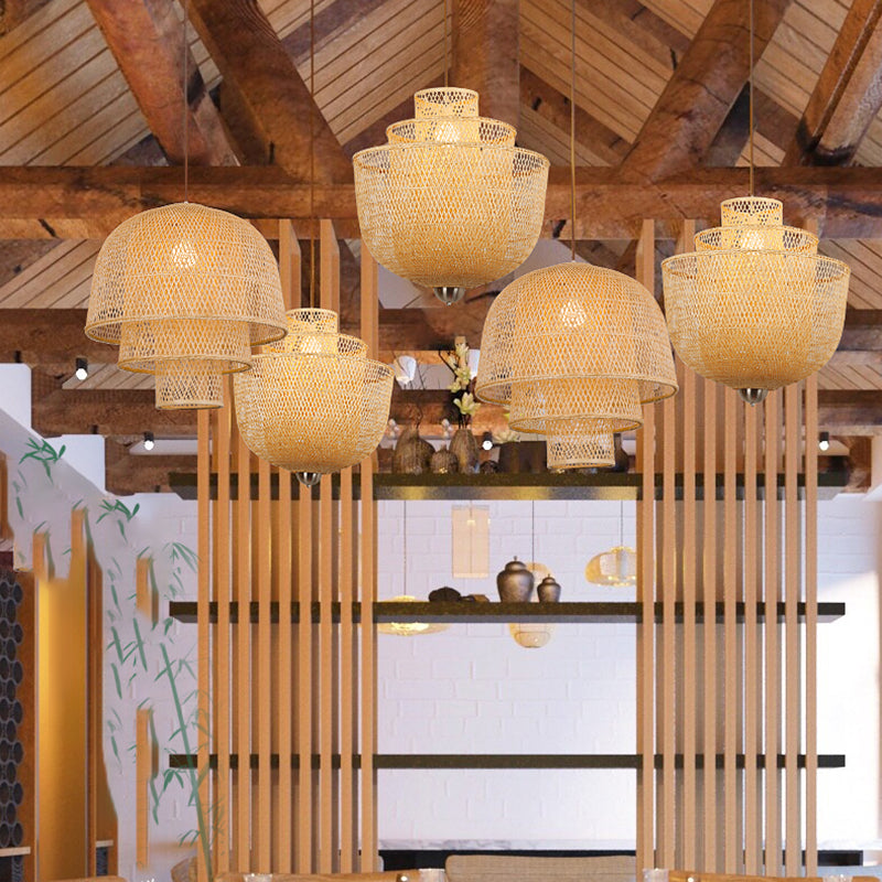 1-Light Rattan Japanese Pendant Light Beige Down Lighting for Dining Room