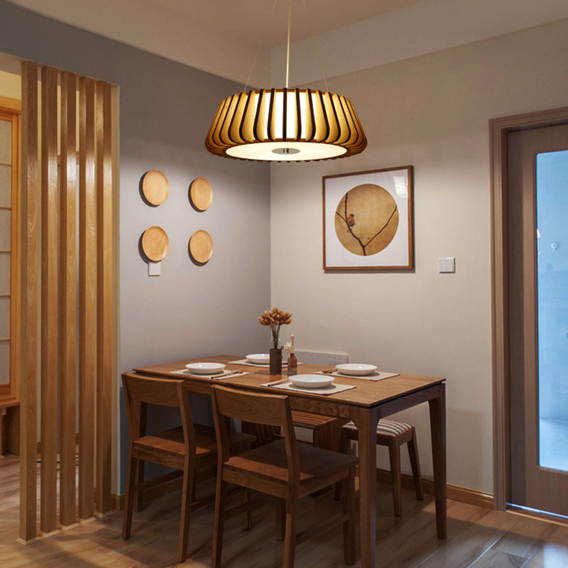 Japanese Bamboo Pendant Light Fixture 1-Light Drum Beige Hanging Ceiling Light