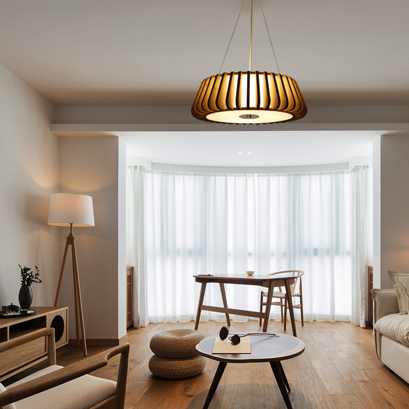 Japanese Bamboo Pendant Light Fixture 1-Light Drum Beige Hanging Ceiling Light