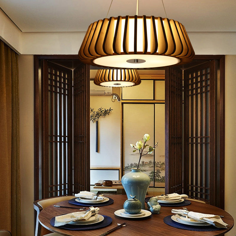 Japanese Bamboo Pendant Light Fixture 1-Light Drum Beige Hanging Ceiling Light