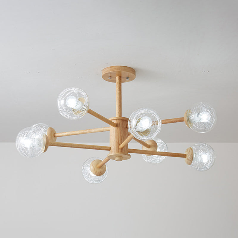 Creative Simple Style Wooden Chandelier Ceiling Hanging Light with Glass Shade