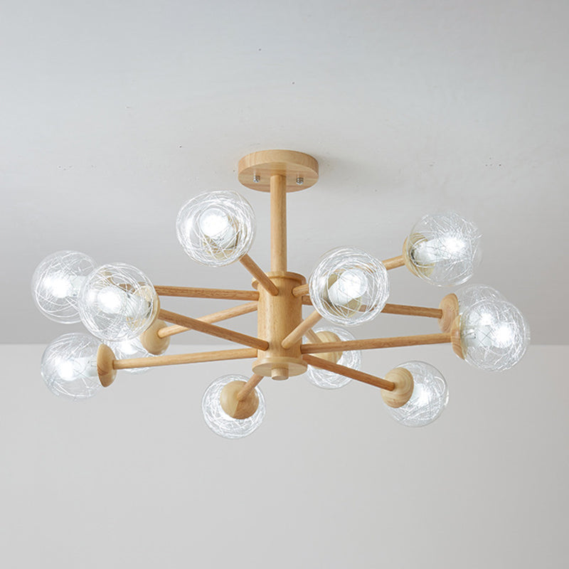 Creative Simple Style Wooden Chandelier Ceiling Hanging Light with Glass Shade