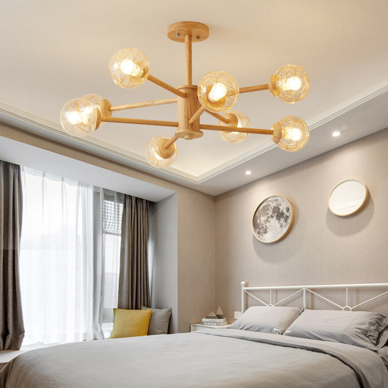 Creative Simple Style Wooden Chandelier Ceiling Hanging Light with Glass Shade