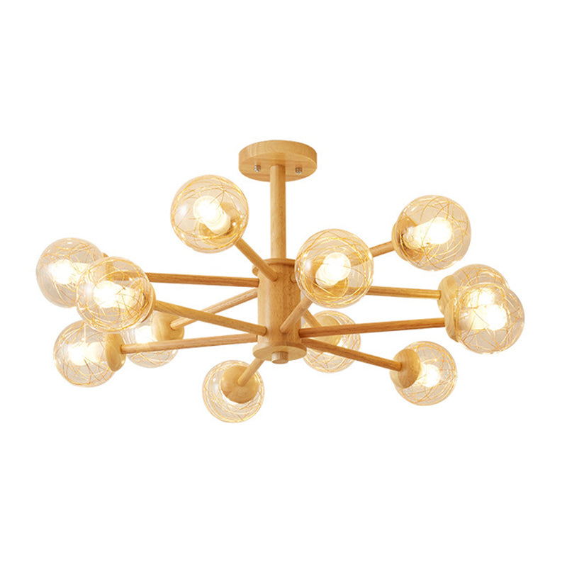 Creative Simple Style Wooden Chandelier Ceiling Hanging Light with Glass Shade