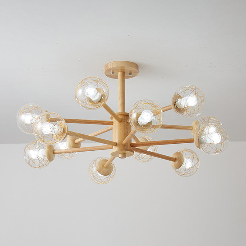 Creative Simple Style Wooden Chandelier Ceiling Hanging Light with Glass Shade