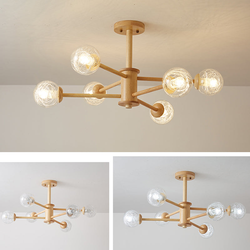 Creative Simple Style Wooden Chandelier Ceiling Hanging Light with Glass Shade
