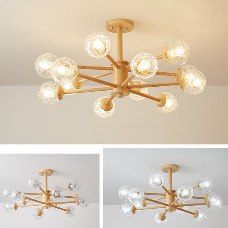 Creative Simple Style Wooden Chandelier Ceiling Hanging Light with Glass Shade