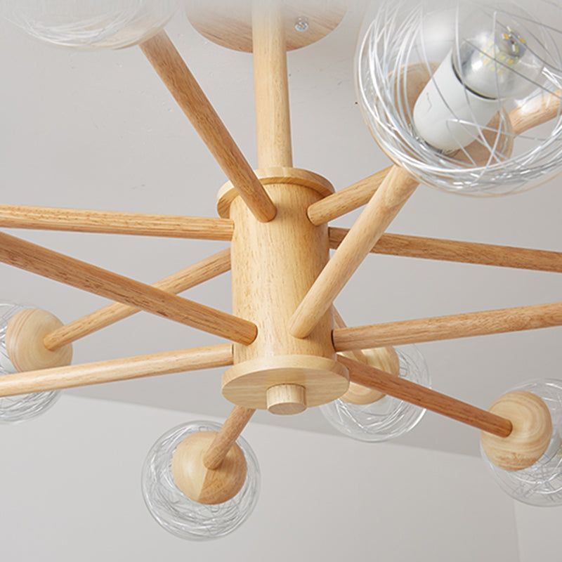 Creative Simple Style Wooden Chandelier Ceiling Hanging Light with Glass Shade