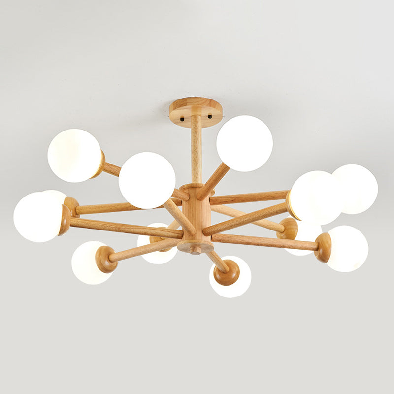 Modern Style Wooden Chandelier Ceiling Hanging Light Fixture with Glass Shade
