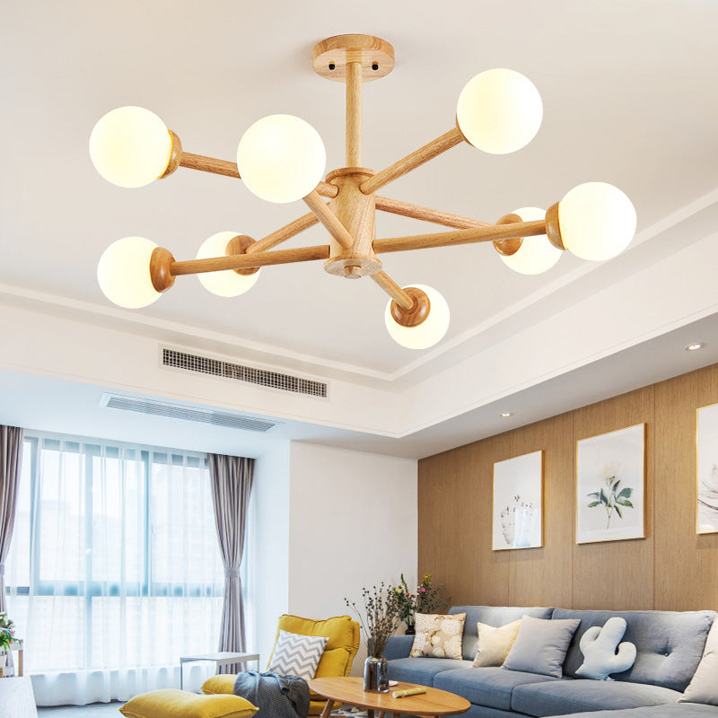 Modern Style Wooden Chandelier Ceiling Hanging Light Fixture with Glass Shade