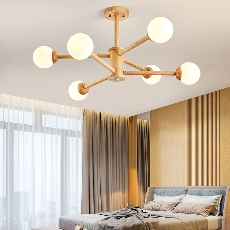 Modern Style Wooden Chandelier Ceiling Hanging Light Fixture with Glass Shade