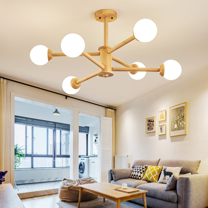 Modern Style Wooden Chandelier Ceiling Hanging Light Fixture with Glass Shade