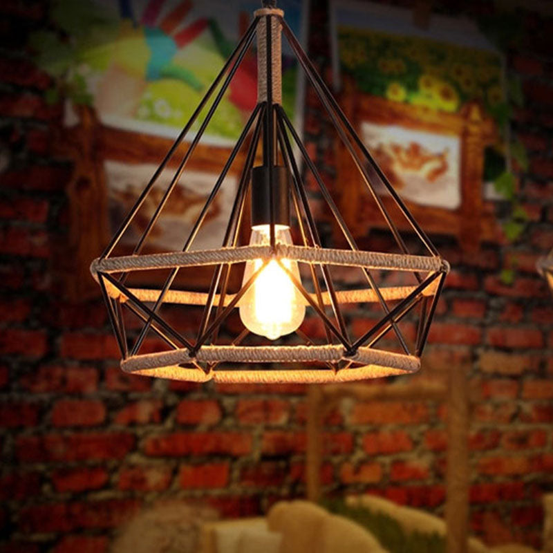 Geometric Rope Pendant Light Fixture Retro-Style Restaurant Pendant Ceiling Light in Beige
