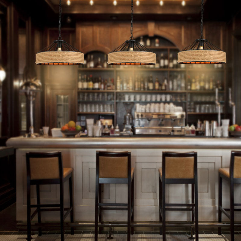 Geometric Rope Pendant Light Fixture Retro-Style Restaurant Pendant Ceiling Light in Beige