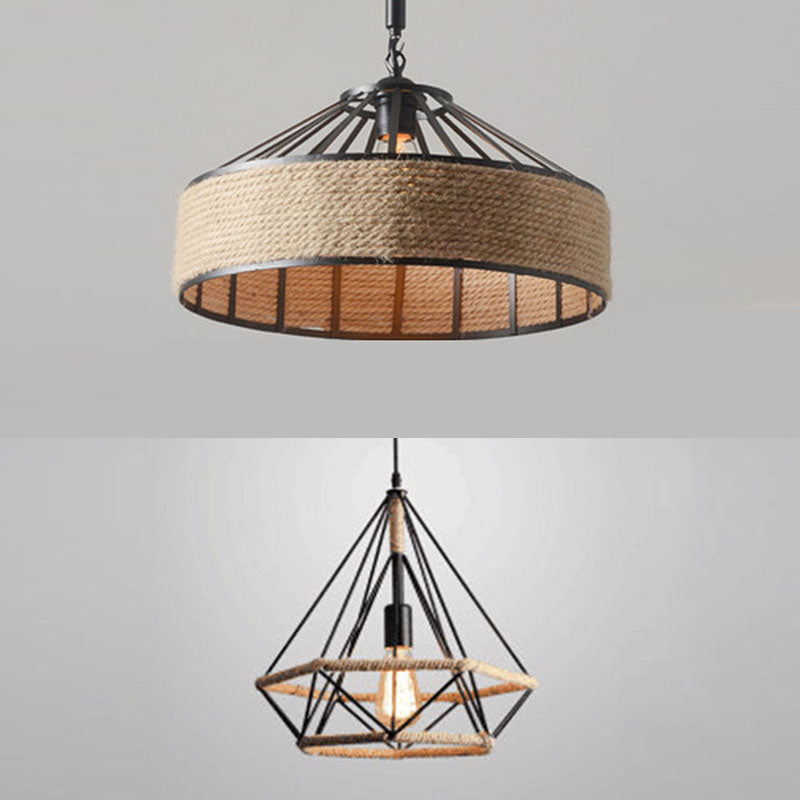 Geometric Rope Pendant Light Fixture Retro-Style Restaurant Pendant Ceiling Light in Beige
