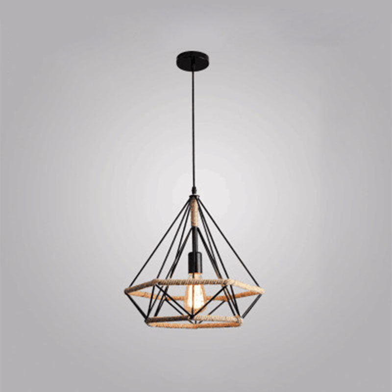 Geometric Rope Pendant Light Fixture Retro-Style Restaurant Pendant Ceiling Light in Beige