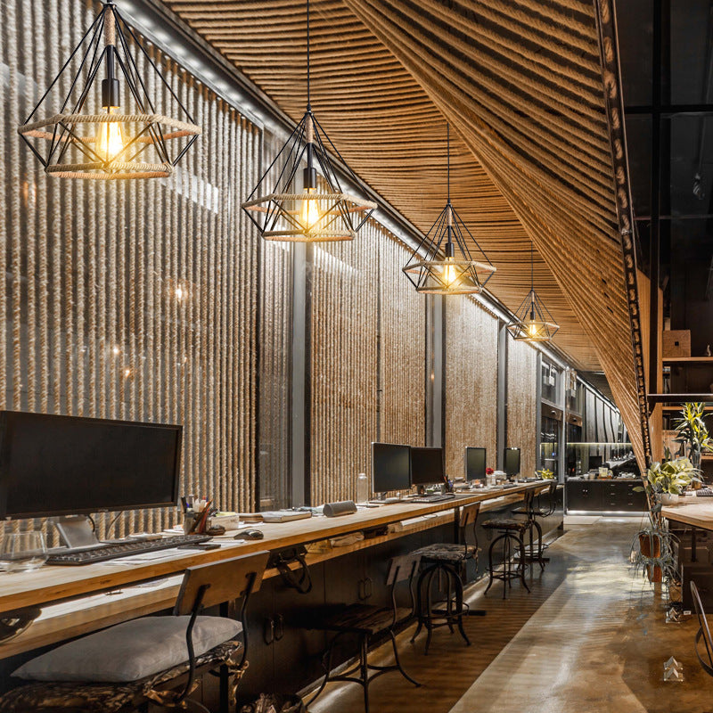 Geometric Rope Pendant Light Fixture Retro-Style Restaurant Pendant Ceiling Light in Beige