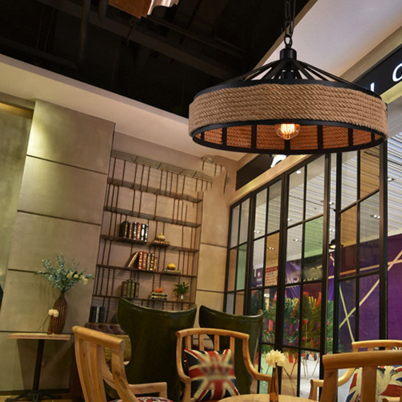 Geometric Rope Pendant Light Fixture Retro-Style Restaurant Pendant Ceiling Light in Beige