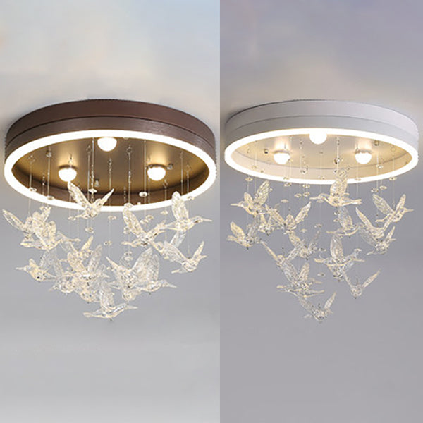 Round Flush Light with Clear Crystal Bird Modern LED Flush Mount Light for Bedroom