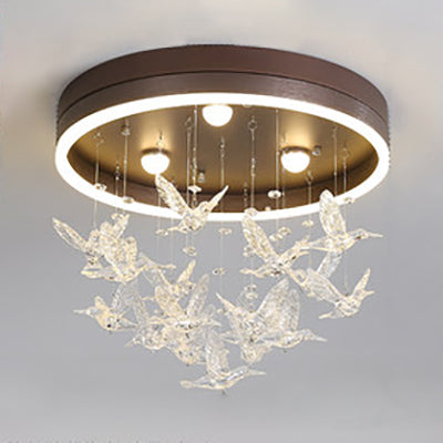 Round Flush Light with Clear Crystal Bird Modern LED Flush Mount Light for Bedroom