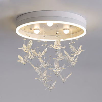Round Flush Light with Clear Crystal Bird Modern LED Flush Mount Light for Bedroom