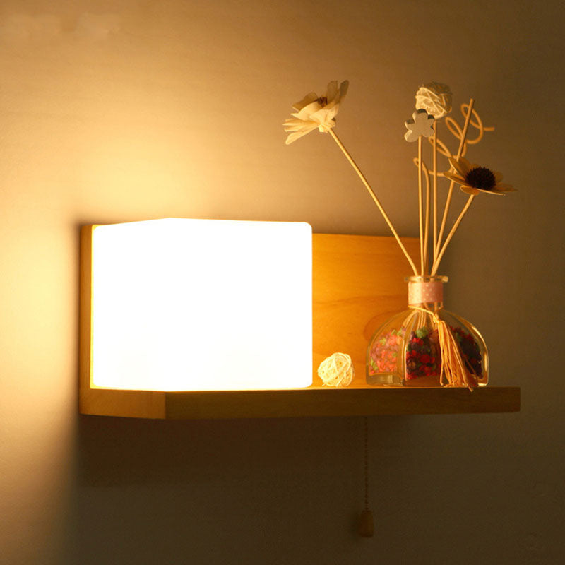 Luz de apliques de pared de madera simple 1 luz con luz de pared de sombra de vidrio para el dormitorio (sin decoración)