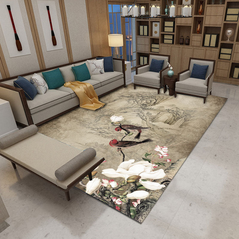 Grey Plant Print Area Carpet Modern Polyester Area Rug Anti-Slip Washable Rug for Living Room