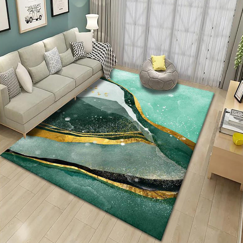 Dark Green Modern Carpet Polyester Striped Carpet Non-Slip Backing Carpet for Home Decor