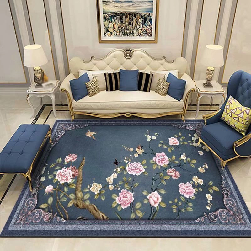 Black Modern Area Carpet Floral Pattern Polyester Area Rug Stain Resistant Rug for Home Decor