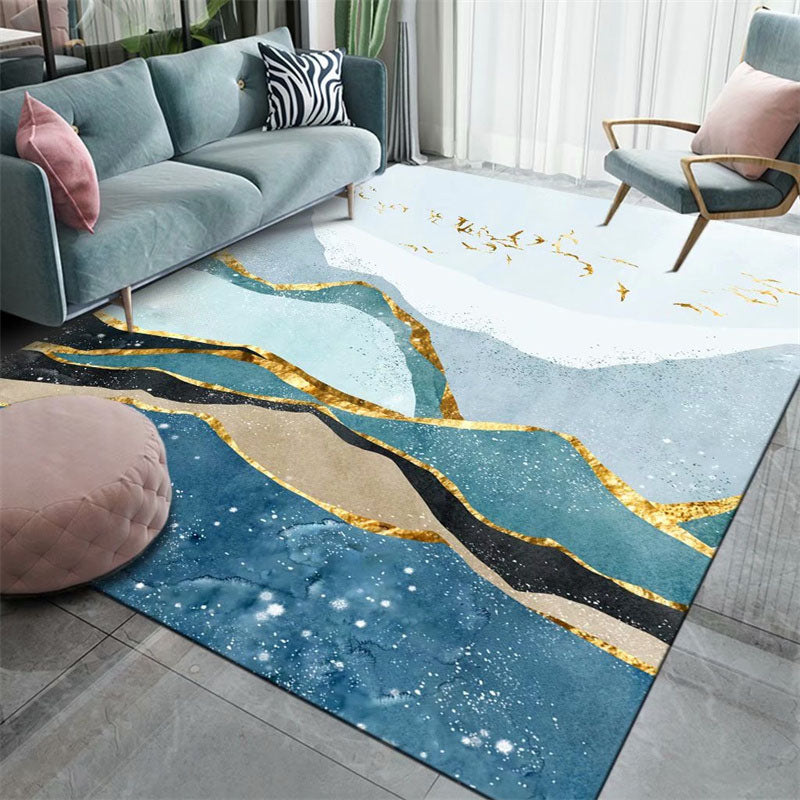Blue Modern Area Carpet Marble Print Polyester Area Rug Non-Slip Backing Rug for Home Decor
