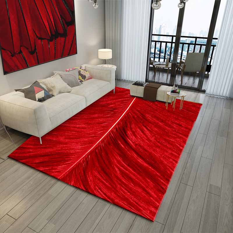 Red Modern Carpet Feather Pattern Polyester Area Rug Stain Resistant Rug for Living Room