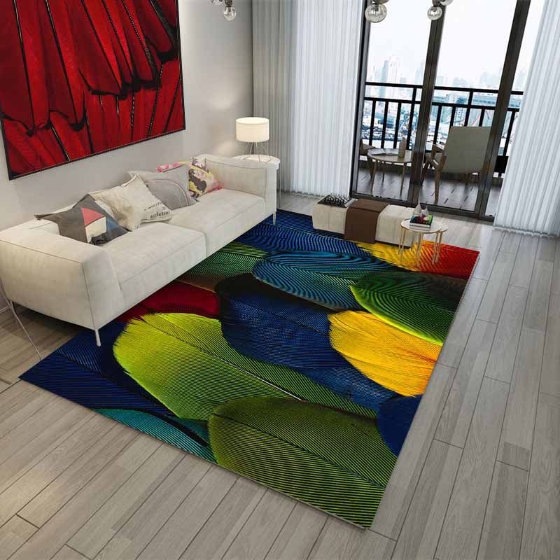 Red Modern Carpet Feather Pattern Polyester Area Rug Stain Resistant Rug for Living Room