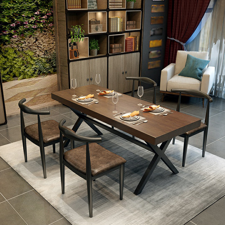Industrial Style Solid Wood Dining Table Metallic Trestle Base Rectangle Table for Home