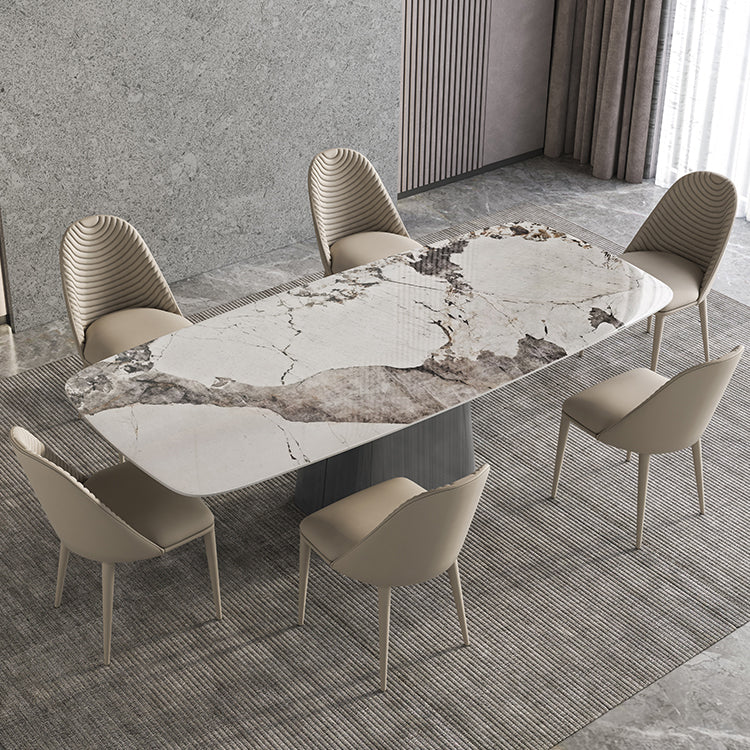 Mesa de comedor de piedra sinterizada mesa rectángulo en blanco con base de pedestal de metal