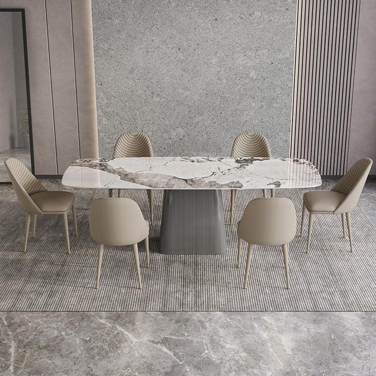 Mesa de comedor de piedra sinterizada mesa rectángulo en blanco con base de pedestal de metal