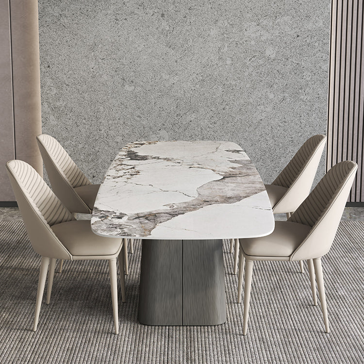 Mesa de comedor de piedra sinterizada mesa rectángulo en blanco con base de pedestal de metal