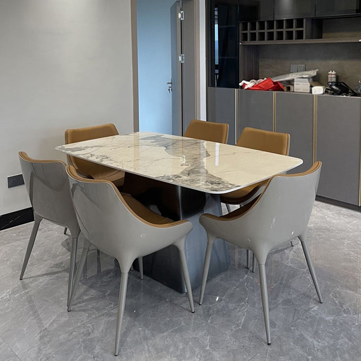 Mesa de comedor de piedra sinterizada mesa rectángulo en blanco con base de pedestal de metal