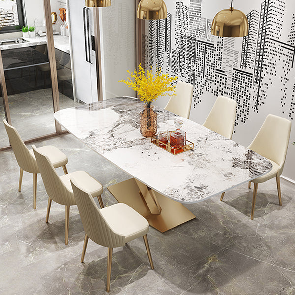 Mesa de comedor rectangular de lujo tradicional de metal, mesa superior de piedra sinterizada con base de pedestal
