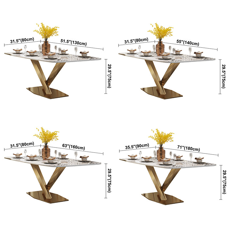 Mesa de comedor rectangular de lujo tradicional de metal, mesa superior de piedra sinterizada con base de pedestal