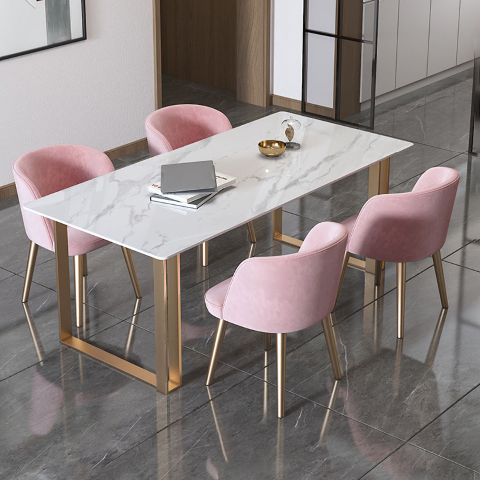 Traditionele luxe rechthoekige eettafel gesinterde stenen eettafel met dubbele voetstuk
