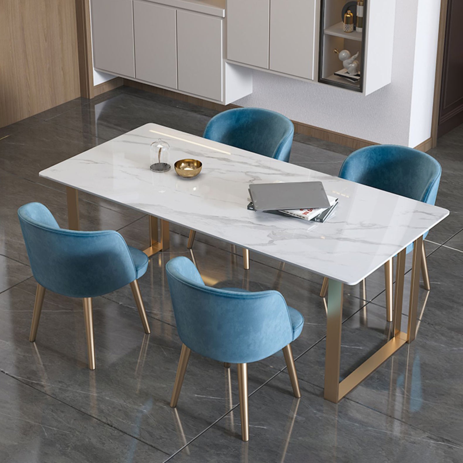 Traditionele luxe rechthoekige eettafel gesinterde stenen eettafel met dubbele voetstuk