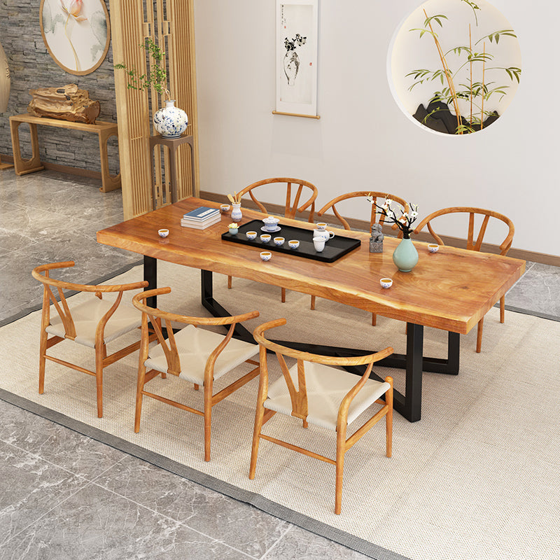 Industrial Rectangle Dining Table Pine Solid Wood Table with Black Trestle Base for Dining Room