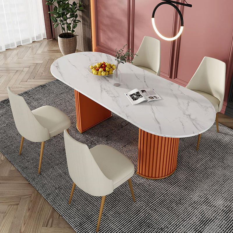 Oval Sintered Stone Top Esstisch Moderner Tisch in Weiß mit doppelter Sockel